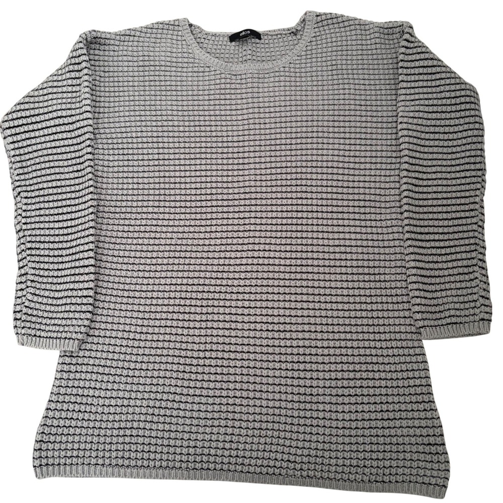Ellos Gray Black Striped Knit Crew Neck Sweater Sz S 10/12 Cozy Casual Layering